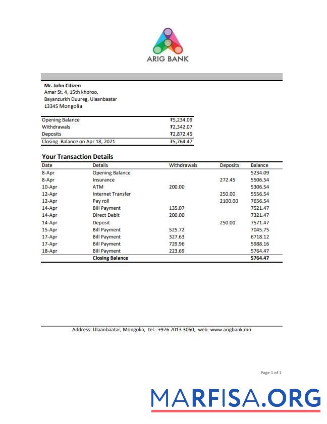Printable Mongolia Arig bank statement excel sample